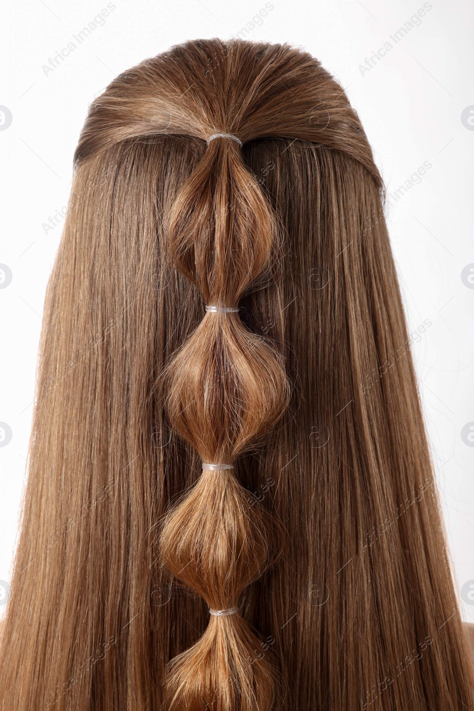 Photo of Woman with braided hair on white background, back view