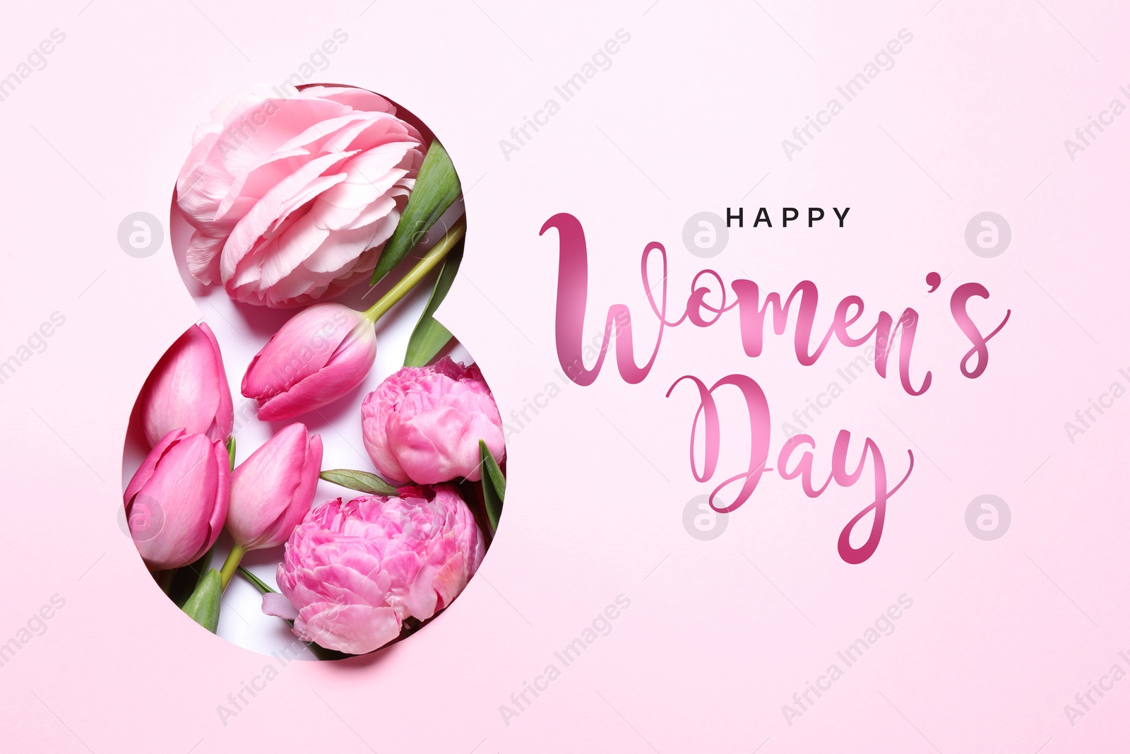 Image of 8 March - Happy International Women's Day. Greeting card design with different pink flowers, top view