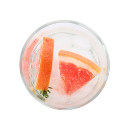 Photo of Glass of infused water with grapefruit slices isolated on white, top view