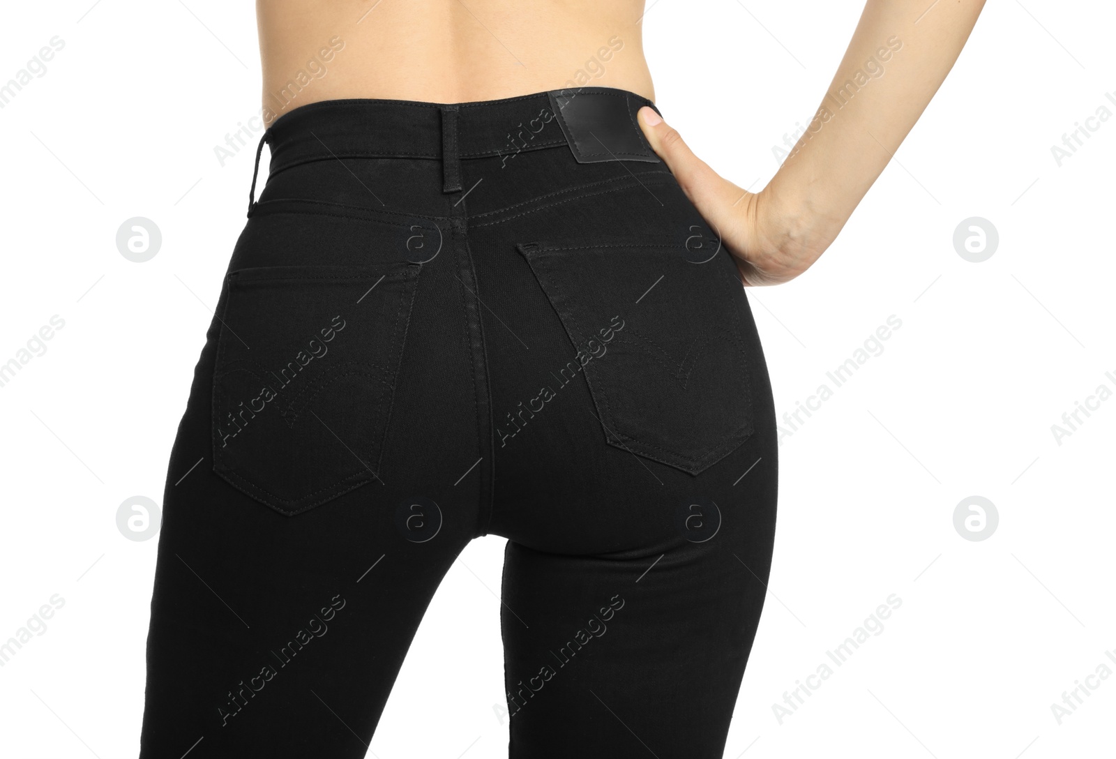 Photo of Woman wearing stylish black jeans on white background, closeup