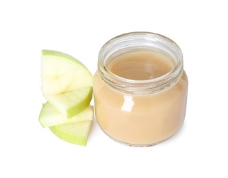 Tasty baby food in jar and fresh apple isolated on white