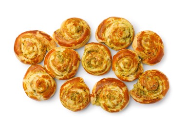 Photo of Fresh delicious puff pastry with tasty filling on white background, top view