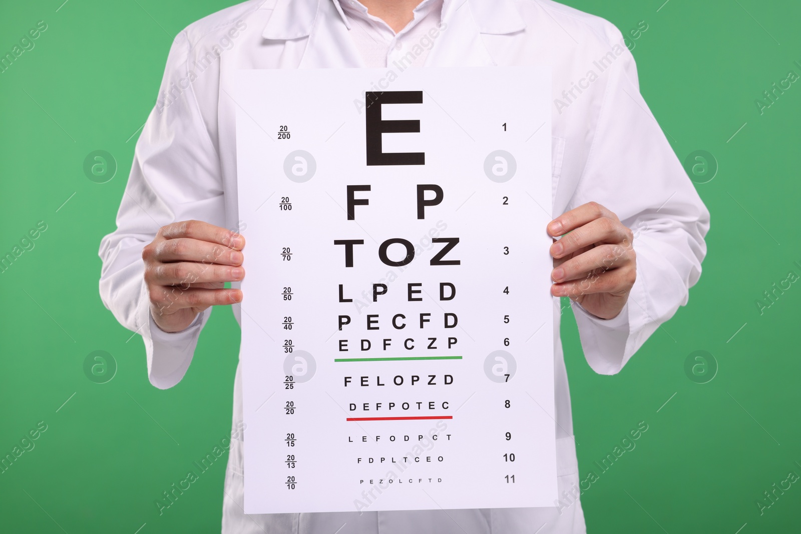 Photo of Ophthalmologist with vision test chart on green background, closeup