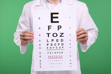 Photo of Ophthalmologist with vision test chart on green background, closeup