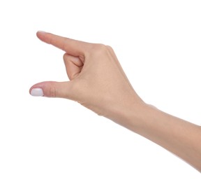 Photo of Woman holding something on white background, closeup of hand