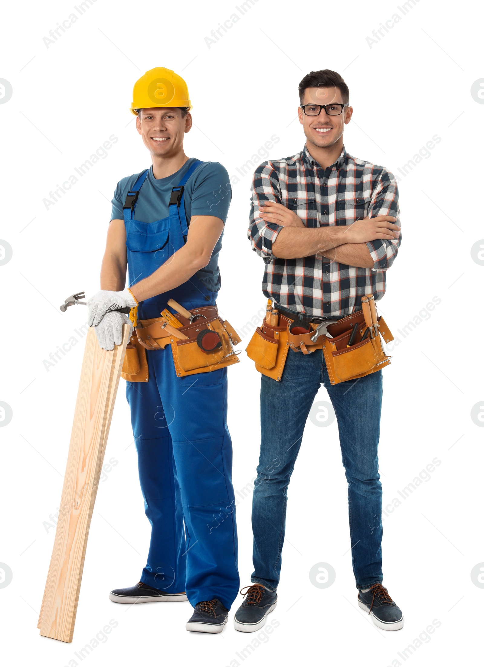 Image of Handsome carpenters on white background. Professional workers