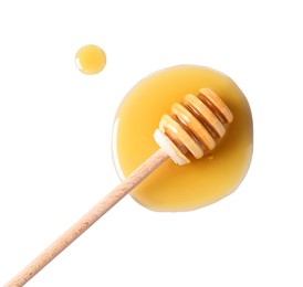 Photo of Wooden dipper and fresh honey on white background, top view