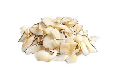 Photo of Pile of coconut chips isolated on white