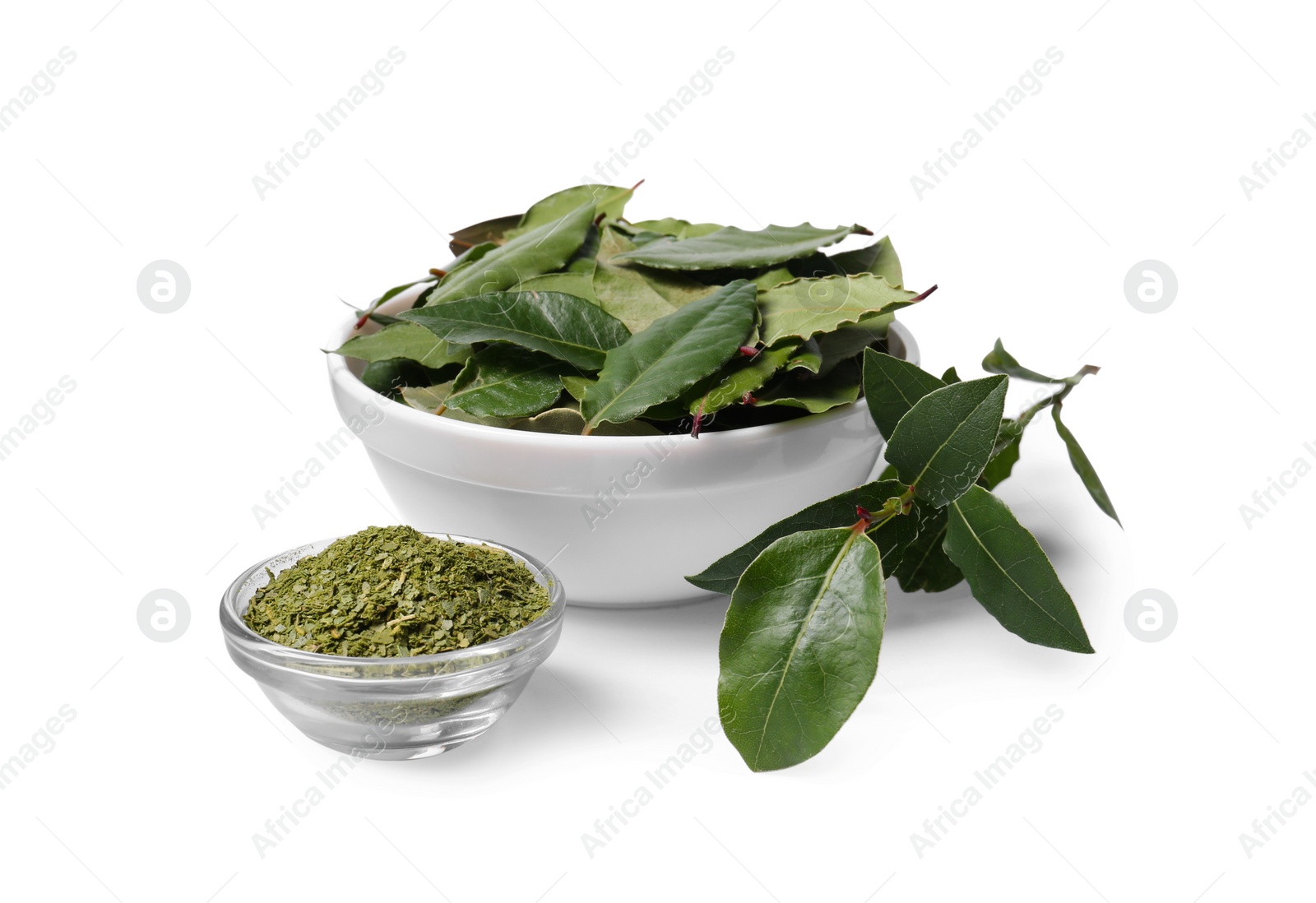 Photo of Bowls with fresh and ground bay leaves on white background