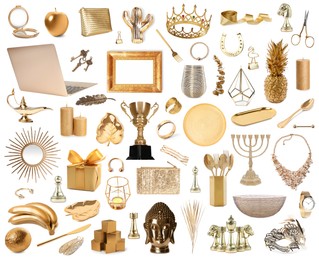 Image of Set of different items in gold color on white background