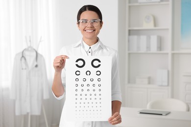 Photo of Ophthalmologist with vision test chart in clinic