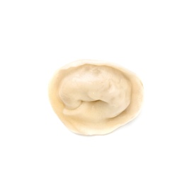 Photo of Fresh boiled dumpling on white background, top view