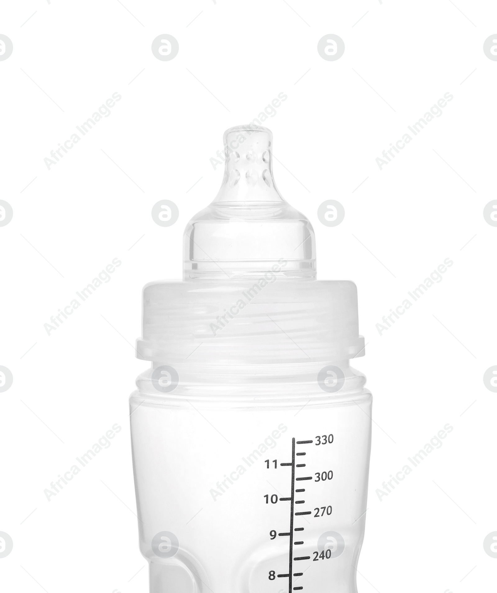 Photo of Empty feeding bottle for baby milk isolated on white