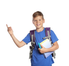 Photo of Cute boy with school stationery on white background