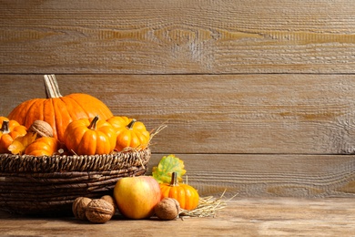 Photo of Composition with ripe pumpkins on wooden table, space for text. Happy Thanksgiving day