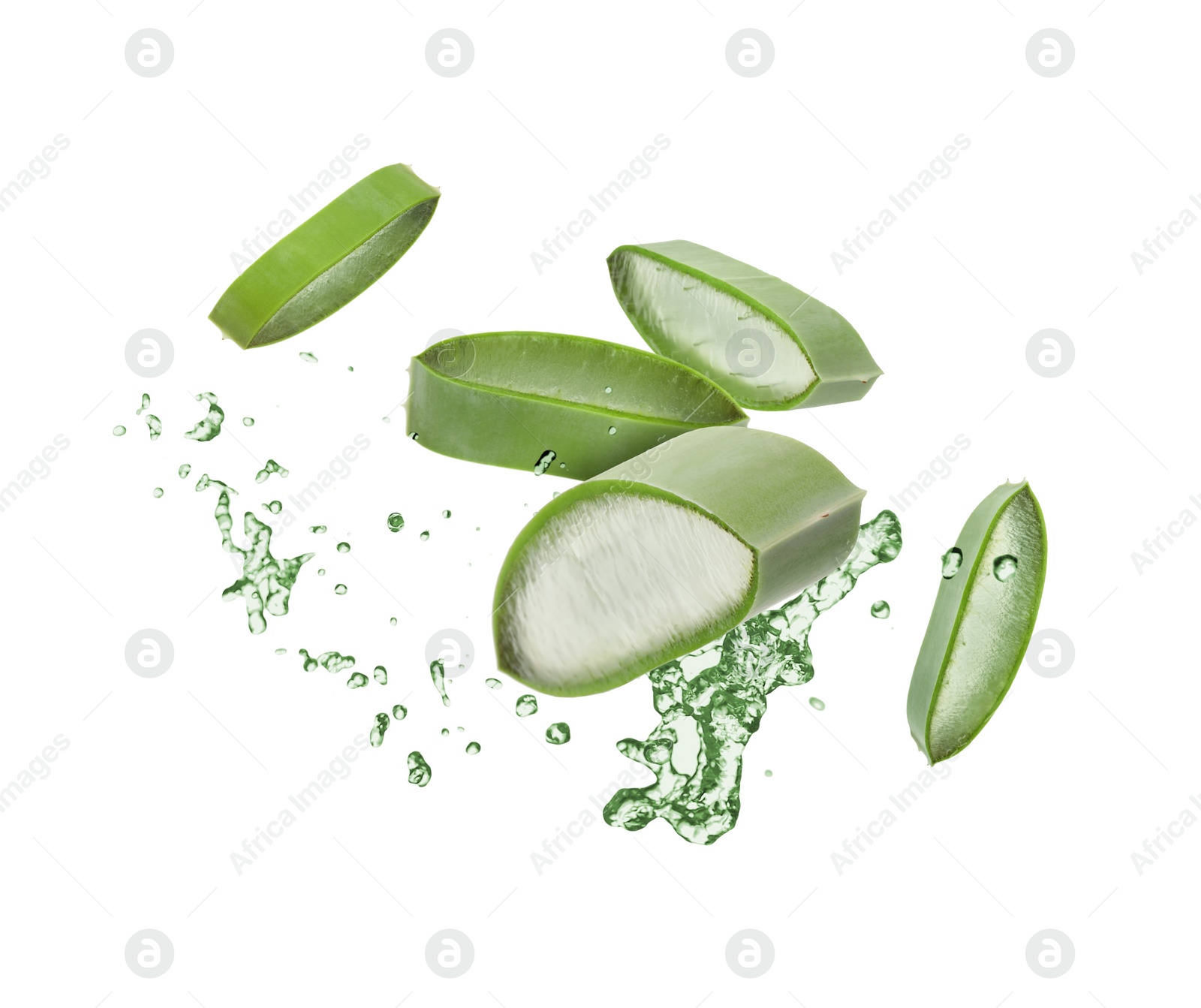 Image of Sliced aloe vera leaf and splashes of juice on white background