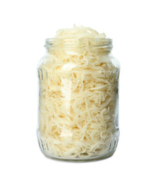 Photo of Glass jar of tasty fermented cabbage isolated on white