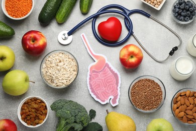 Photo of Paper gastrointestinal tract cutout, stethoscope and different organic products on light grey background, flat lay