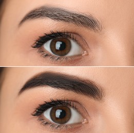 Image of Collage with photos of young woman before and after permanent makeup procedure, closeup