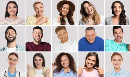 Collage with photos of happy smiling people on light grey background