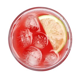 Photo of Tasty watermelon drink with slice of lime and ice cubes in glass isolated on white, top view