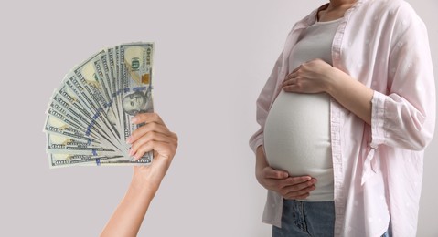 Image of Surrogacy. Intended mother with money and pregnant woman on light background, closeup. Banner design