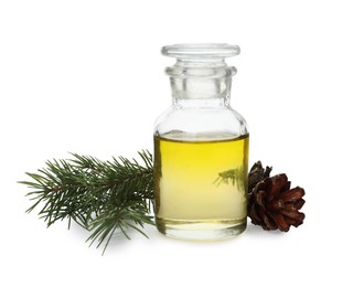 Photo of Glass bottle of essential oil and fir branch with cone on white background