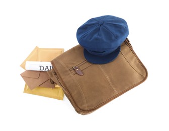 Photo of Brown postman's bag with hat, envelopes and newspaper on white background, top view