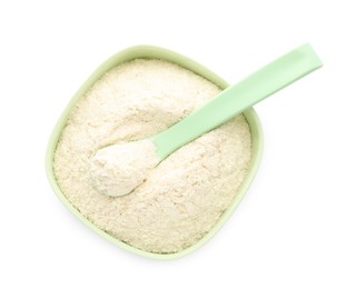 Photo of Dry healthy baby food in bowl on white background, top view