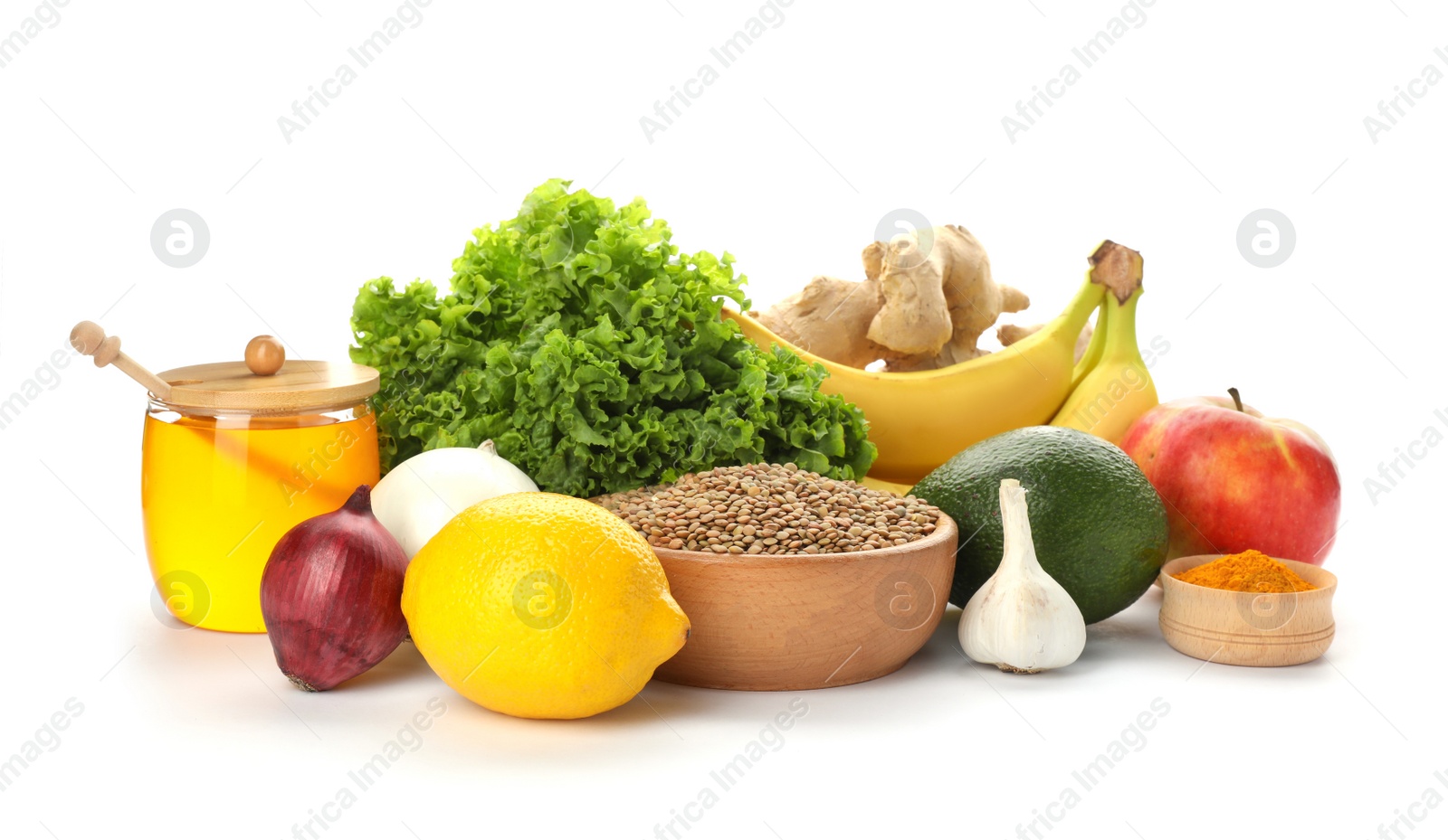 Photo of Natural products as home remedies for asthma on white background