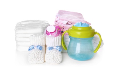 Photo of Set of baby accessories on white background