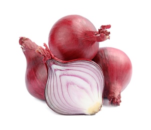 Photo of Ripe red onions on white background