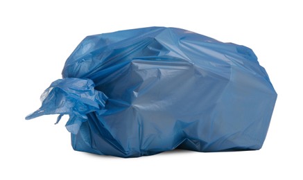 Photo of Full light blue garbage bag isolated on white