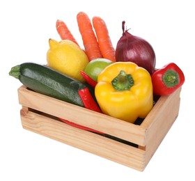 Photo of Fresh ripe vegetables and fruits in wooden crate on white background