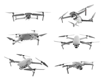 Image of Modern drone collection on white background, view from different sides