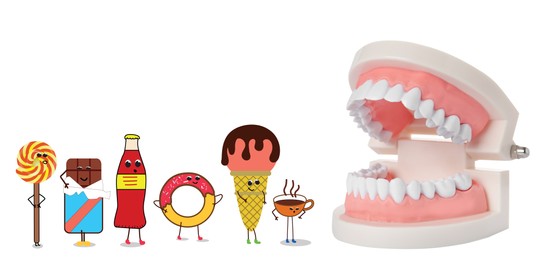 Illustration of Model of oral cavity with teeth and illustrations of unhealthy products on white background