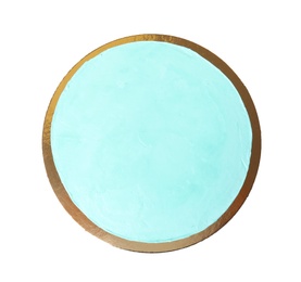 Photo of Fresh delicious birthday cake on white background, top view