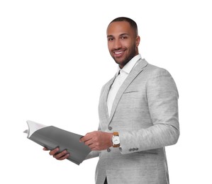 Photo of Portrait of happy man with folders on white background. Lawyer, businessman, accountant or manager