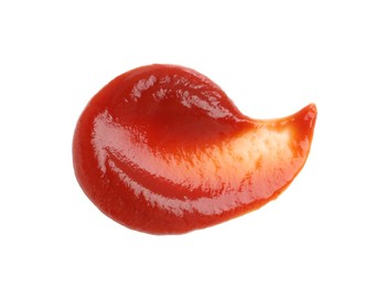 Photo of Tasty ketchup isolated on white, top view. Tomato sauce