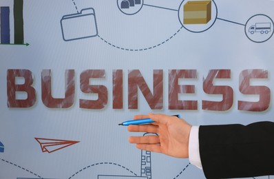 Photo of Business trainer with pen using interactive board, closeup