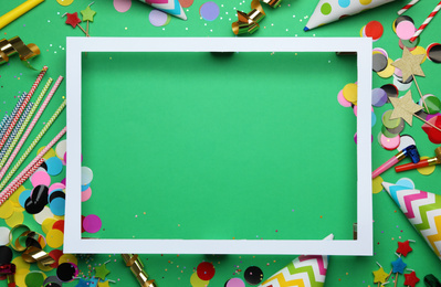 Photo of Flat lay composition with birthday decor on green background. Space for text