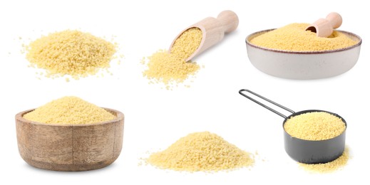 Image of Raw dry couscous isolated on white, set