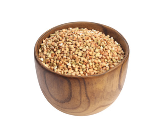 Photo of Green buckwheat in bowl isolated on white