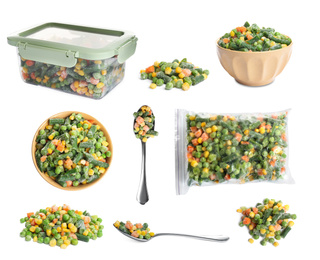 Image of Set of frozen vegetables on white background