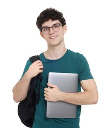 Portrait of student with backpack and laptop on white background