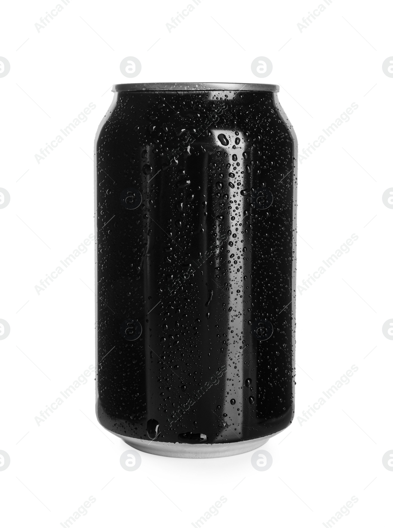 Photo of Black aluminum can with water drops isolated on white. Mockup for design