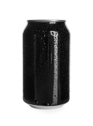 Black aluminum can with water drops isolated on white. Mockup for design