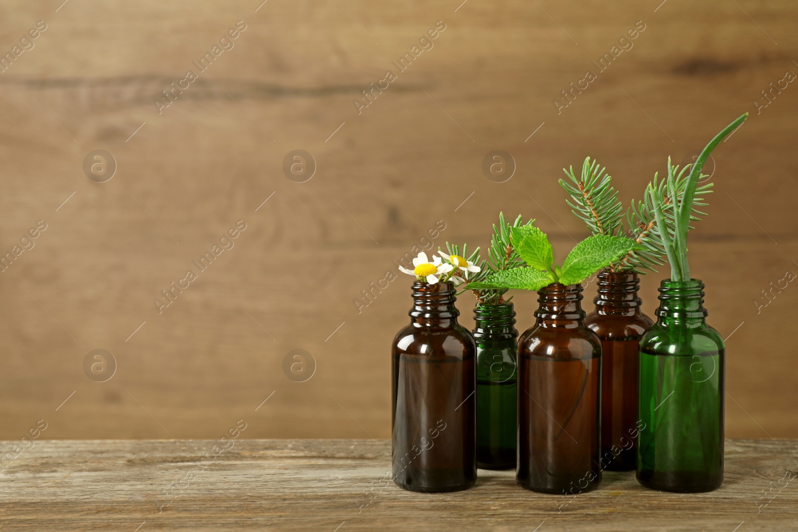 Photo of Glass bottles of different essential oils with plants on table. Space for text