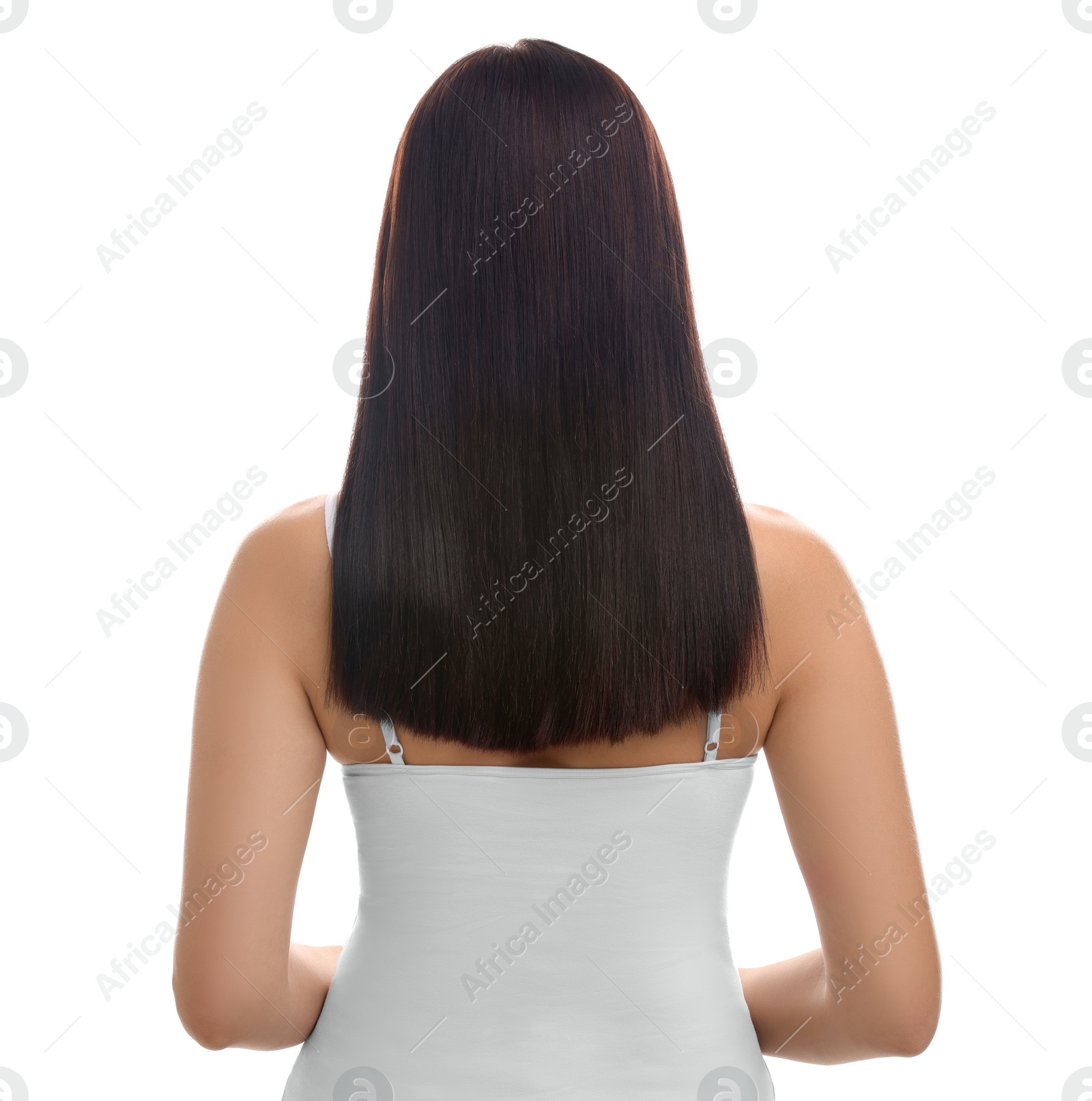 Photo of Woman with healthy hair on white background, back view