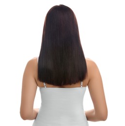 Photo of Woman with healthy hair on white background, back view